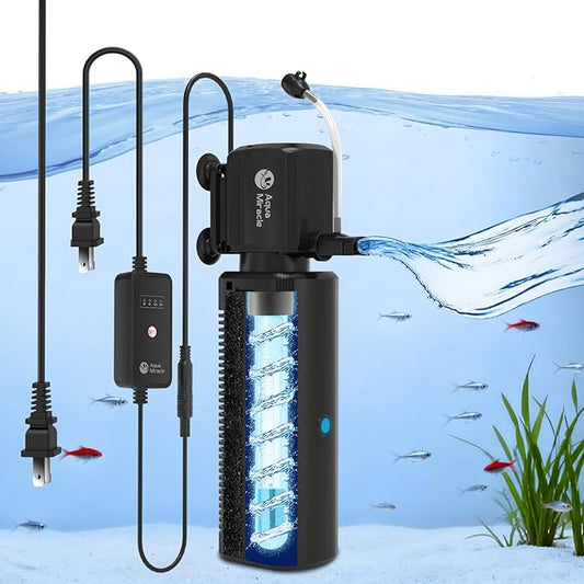 AquaMiracle Fish Tank Filter with Timer & Filter Sponge, 225GPH U - V Aquarium Filter with Aeration & Rainfall Modes, Effective Turtle Filter for Green Water Control (20-70 Gal Tank)