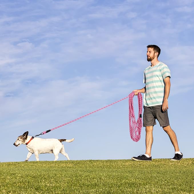 Long Dog Leash for Training 50Ft-Reflective Nylon Rope with Swivel Hook-Recall Agility Lead for Large Small Medium Dogs Outside Walking Hiking-Pink Diam 1/2"