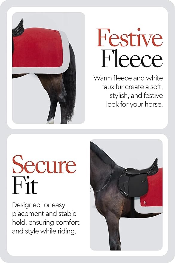 HORZE Santa Christmas Fleece Horse Quarter Sheet Riding Blanket with Faux Fur - Red - Horse