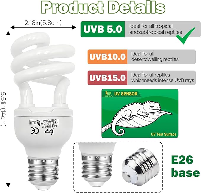 UVB Reptile Light 5.0: 15W Tropical & Subtropical UVA UVB Reptile Light Bulb, UVB Light for Reptiles Compact Fluorescent Terrarium Lamp,UVB Bulb for Chameleon Turtle Gecko Snake Include UV Sensor Card