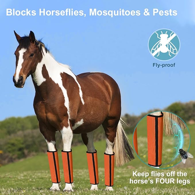 Fly Boots for Horses Set of 4 Breathable Textilene Mesh Horse Fly Boots with Stable Support & UV Protection, Comfortable Equine Boots, Reduces Stomping, Leg Fatigue & Hoof Damage.(Orange)