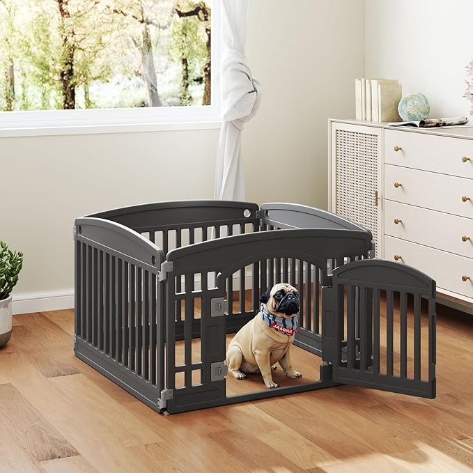 DUMOS Dog Playpen 4 Panels 24" Plastic Exercise Fence Pen with Door Small Puppy, Medium Dogs Animal Pet for Outdoor, Garden, Yard, RV Camping(Black)
