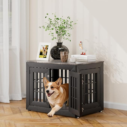 Snuowu 32" Heavy Duty Dog Crate Furniture for Small,Medium and Large Dogs,Rustic Wooden Dog Cage Kennel Indoor Furniture with Waterproof Top,Decorative Pet House Side End Table (Black & Grey)