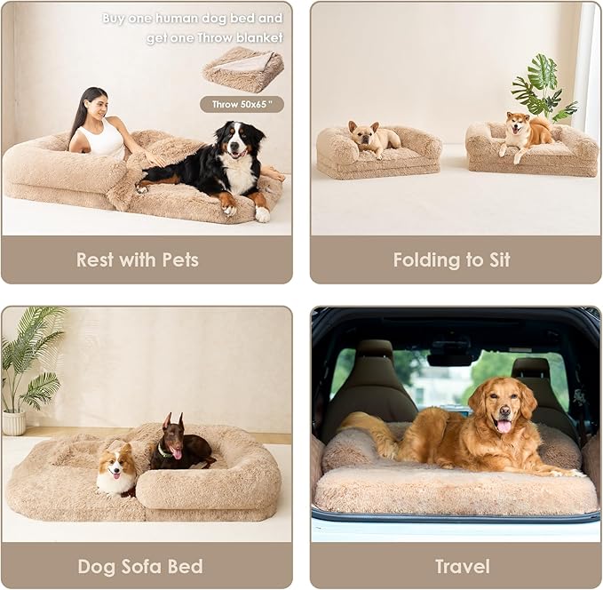 EHEYCIGA Foldable Human Dog Bed, 72"x44"x11" Orthopedic Memory Foam Human Sized Dog Bed, Waterproof Pet Bed for People, Faux Fur Pet Couch for Adult with Non-Slip Bottom, Camel