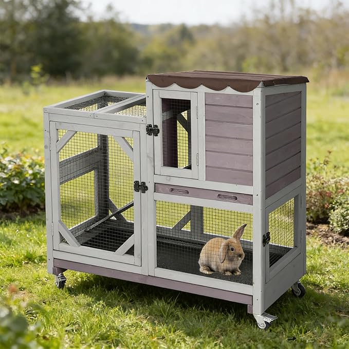Rabbit Hutch Indoor Outdoor, 2-Story Bunny Cage with Wheels, Wooden Rabbit House with Leakproof Trays, Rain Cover, Guinea Pig Cages with Chew-Proof Ramp (Grey)