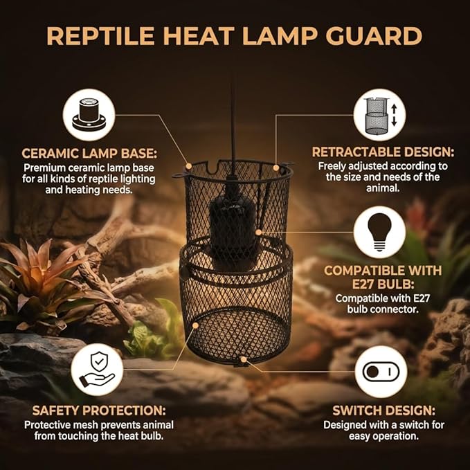 Fafeicy Retractable Reptile Heat Lamp Guard, Avoid Scald with E27 Ceramic Lamp Holder, Safety Protector (US Plug 110‑120V 300W)