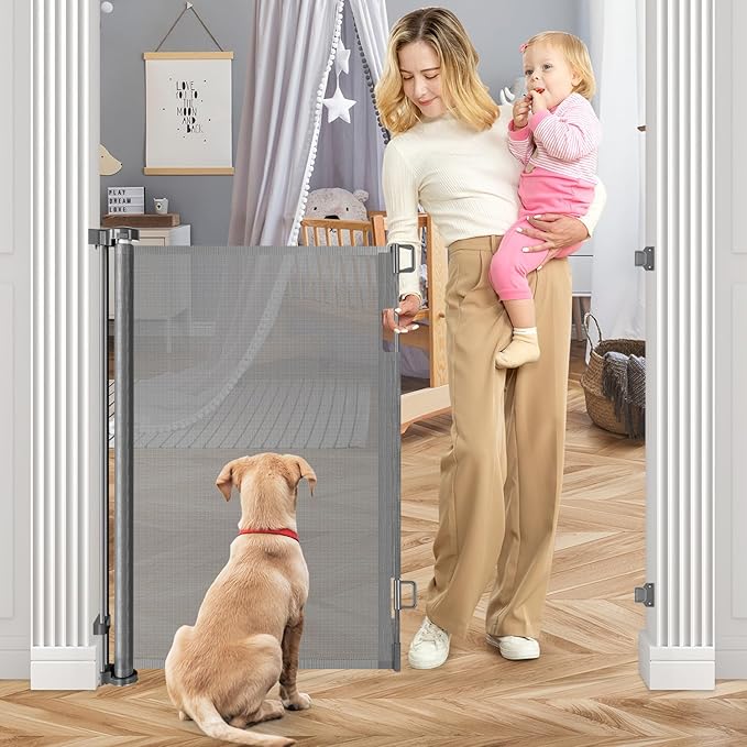 42 Inch Extra Tall Baby Gate for Stairs 55” Wide Retractable Anti-Scratch Mesh Gates for Kids or Pets Extra Tall Puppy Gates for The House One-Hand Operation Retractable Dog Gate for Doorway, Gray