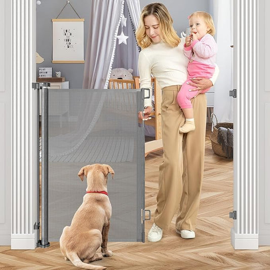 42 Inch Extra Tall Baby Gate for Stairs 55” Wide Retractable Anti-Scratch Mesh Gates for Kids or Pets Extra Tall Puppy Gates for The House One-Hand Operation Retractable Dog Gate for Doorway, Gray