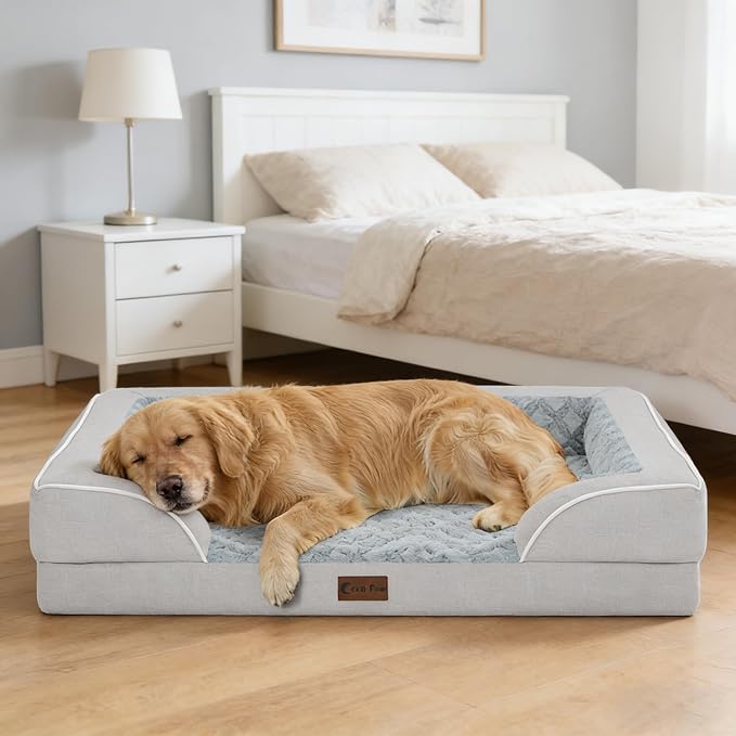 Orthopedic Dog Beds for Large Sized Dogs, Waterproof Memory Foam Large Pet Bed with Sides 35x22Inch, Non-Slip and Egg-Crate Foam Big Dog Couch Bed with Removable Washable Cover, Light Grey