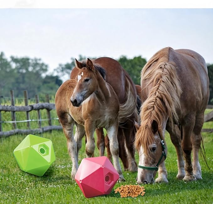 Horse Treat Ball, 9" Horse Ball Feeder Toy & Stress Reliever with 1.13 Inch Opening for Paddock, Slow Feed Enrichment Toys for Horses to Play(2 Pack,Green Pink)