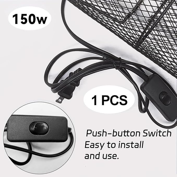 Reptile Heat Lamp Guard Ceramic Heat Emitter Basking Heater Lamp Reptile Accessories for Turtle Snakes Lizards Frogs Chicks with Power Switch & Anti-Biting Hanging Hook Design Round Without Bulb 150w