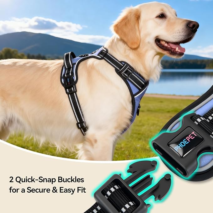 PHOEPET No Pull Dog Harness Reflective Adjustable with 2 Metal Leash Hooks and Soft Training Handle [Over The Head Design](L, Baby Blue)