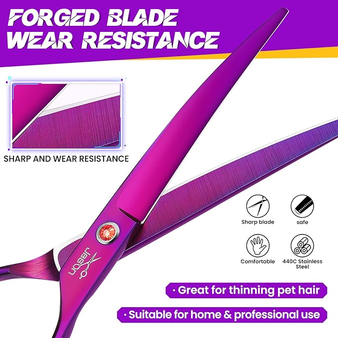 JASON 7" Dog Grooming Scissor - Professional Down-curved Shear with Ergonomic Handle Japanese Stainless Steel Trimming Scissor for Dogs, Cats and Other Pets, Sharp (Curved, Purple) Christmas Gift