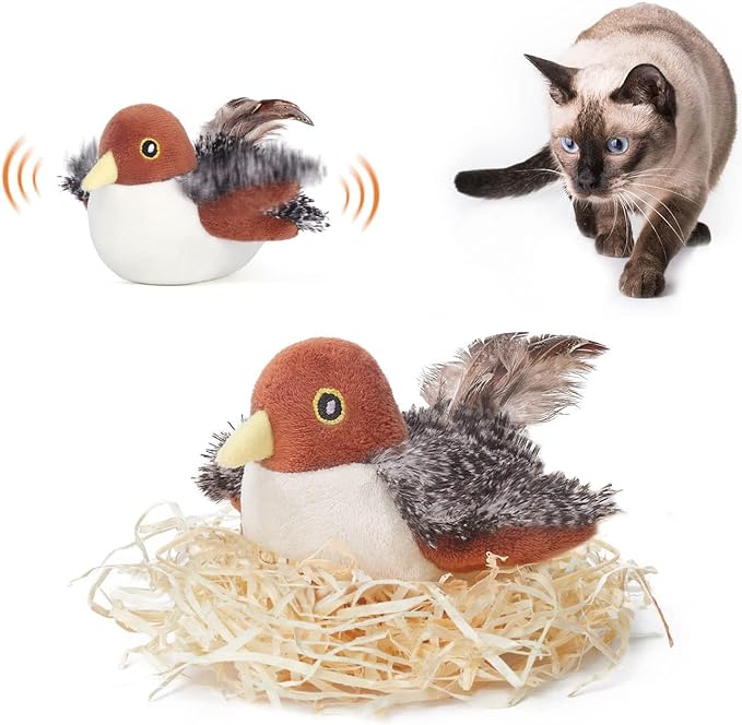 Potaroma Cat Toys Rechargeable Flapping Bird Sparrow, Lifelike Chirp Tweet, Touch Activated Kitten Toy Interactive Cat Exercise Toys for All Breeds Cat Kicker Catnip Toys 4.0 Inches by Potaroma