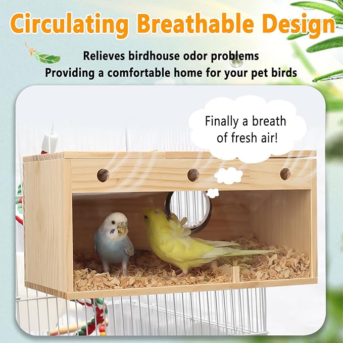 kathson Transparent Parakeet Nesting Box Parakeet Breeding Box Bird Nest with Perch Wooden Acrylic Bird House for Cage Nest for Parrot Lovebirds Cockatiel Conure Budgie and Other Small Medium Birds(L)