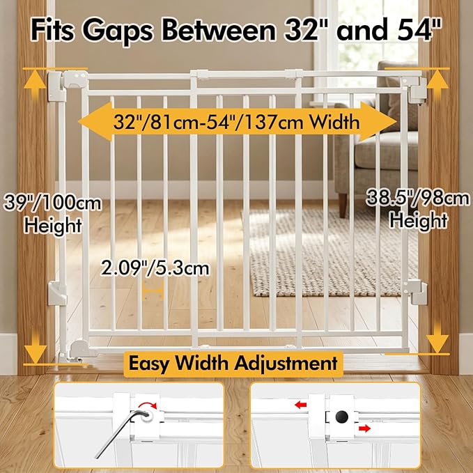Baby Gate for Stairs Doorways & Kitchen, Extra Wide 32"-54" W x39 H Extra Tall, No Bottom Bar Dog Gate, One-Handed Auto-Close, Hardware Mount Safety Gate for Dogs & Toddlers, White