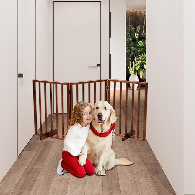 BONNLO Free Standing Dog Gate Indoor, Foldable Pet Gate for Dogs and Puppy, 24" Height Wooden Dog Gates for Doorways Extra Wide/Stairs/Hallways (Brown, 3 Panel)