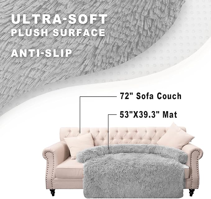 Tinaco Calming Dogs/Cats Bed Mats, Dog Pad Washable Removable Couch Cover, Plush Long Fur Mat for Pets, Waterproof Lining, Perfect for Small, Medium and Large Dogs and Cats (Light Gray, 53"x39")