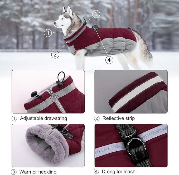 Lelepet Dog Coat Warm Dog Winter Coat Waterproof Dogs Jacket with Harness Built in Reflective Pet Fleece Vest Zip-Up Cold Weather Coats for Large Dogs Turtleneck & Windproof Coats Boxer Wine Red XL