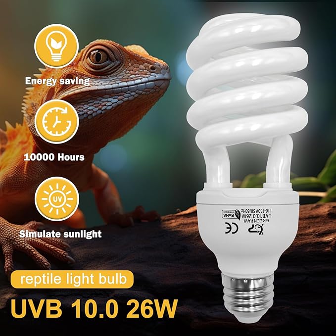 UVA UVB Reptile Light Bulb with Ceramic Heat Emitter Combo, 10.0 26W UVB Light for Bearded Dragon & 2-Pack 75W No-Light Heat Lamp, All-in-One UVB & Heat Source for Reptiles and Amphibians