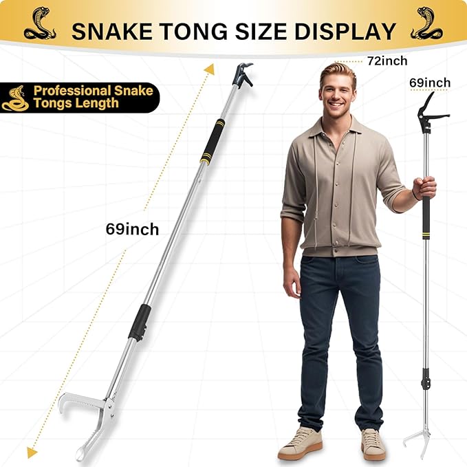 Snake Grabber Tool, 69" Snake Tongs Grabber for Rattlesnake Heavy Duty Professional Folding Snake Feeding Tongs Wide Jaw Snake Handling Tool Long Hndle Stainless Steel Tube