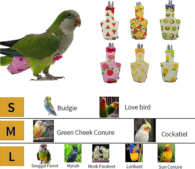 6PCS Washable Bird Diapers with Waterproof Lining & Adjustable Straps - Reusable Soft Parrot Diapers for Parakeets, Budgies, Mini Macaws (Colorful, S, Count, 6)