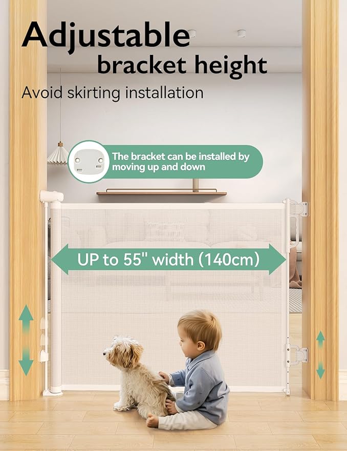 Momcozy Auto-Locking Retractable Mesh Baby Gate or Dog Gate, Child Safety Gate for Indoor or Outdoor, 33-inches Tall with up to 55-inches Wide Extension, Avoid Skirting Installation, White