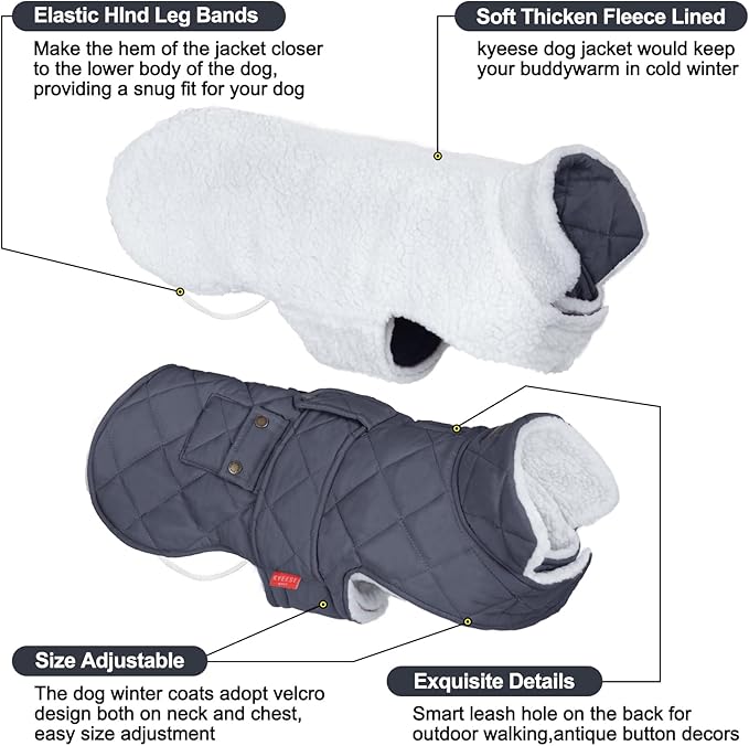 KYEESE Dog Coat Windproof Dog Coats for Small Dogs Soft Pet Sweater for Cold Weather Warm Pet Winter Puffer Coat with Leash Hole Thick Cat Clothes with Pocket Waterproof Dogs Jacket with Fleece Lined