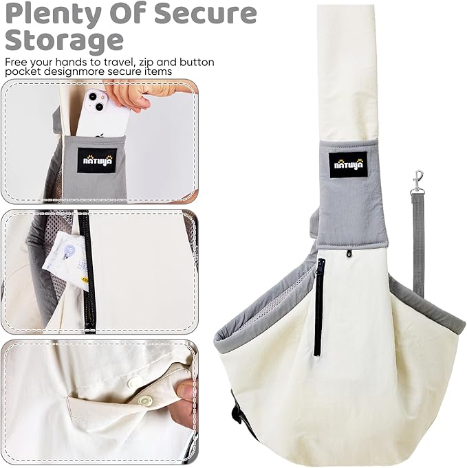 NATUYA Dog Sling Carrier for Small Dogs, Lightweight Cozy Puppy Carrier with Zip Pockets Adjust Strap, Size Adjustable, Double Safety, Hands-Free Travel Carrier for Pet Under 15lbs