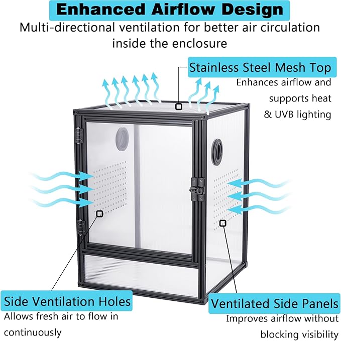 30 Gallon 18x18x24 Tall Terrarium, Aluminum Frame Gecko Tank with Clear Ventilated PC Panels, Mesh Top, Locking Door for Crested Gecko Chameleon