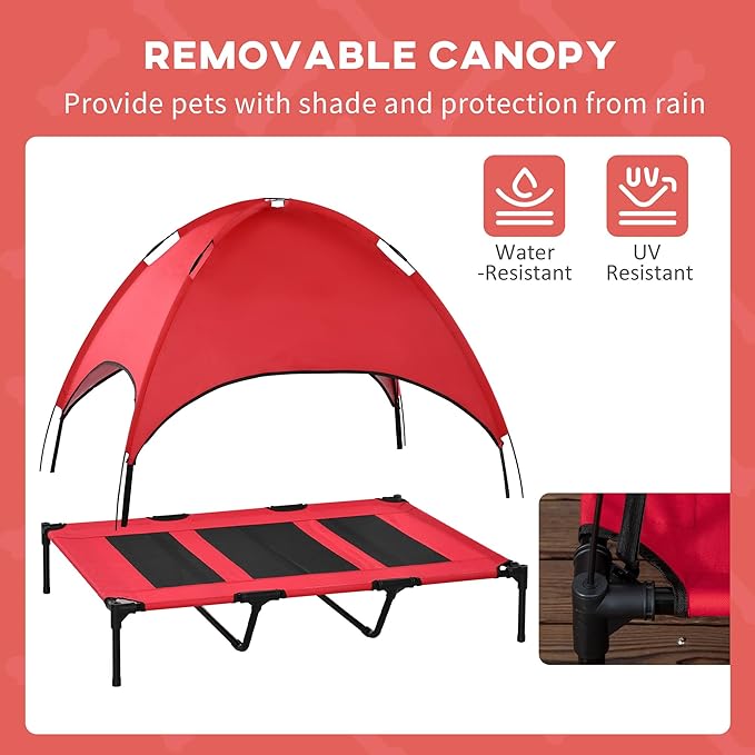 PawHut Elevated Dog Bed with Removable Canopy, Outdoor Dog Cot with UV Protection Canopy Shade, 48 inch Large Pet Bed for Camping, Red
