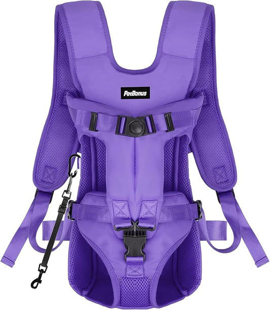 PetBonus Pet Front Dog Carrier Backpacks, Adjustable Pet Backpack, Legs Out Easy-fit Puppy Chest Carrier for Medium Small Dogs, Hands Free for Hiking, Cycling (Purple, M)