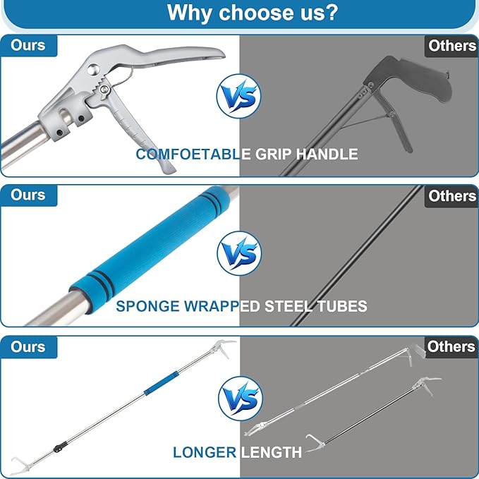 Snake Grabber Reacher Tool, 69" Snake Catcher Tongs Long Handle Heavy Duty Reptile Rattlesnake Catch Tongs Snake Tool Wide Jaw Stainless Steel Sponge Wrapped Handle (Blue)