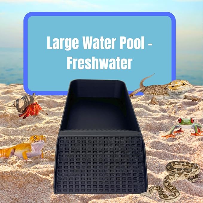 Hermit Crab, Lizard, Turtle, Amphibian XL Watering Pool | Platform Pool Accessory with Access Ramp for Pet Habitats | 9.75" x 5" | Made in USA (X-Large) (Fresh Only, Black)