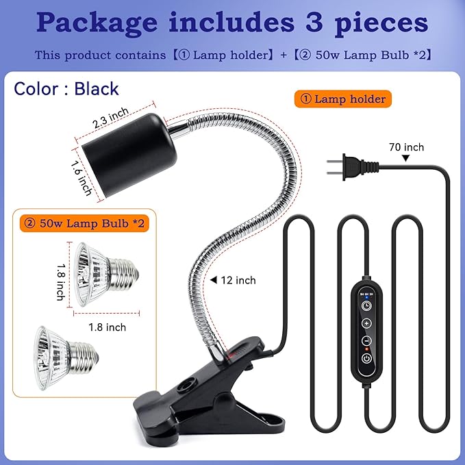 Turtle Timed Heat Lamp with Dual 50W UVB UVA Bulbs for Reptiles, Turtles, Tortoises, and Puppies: Adjustable Heat Switch, 360° Adjustable Angle, Strong Clips