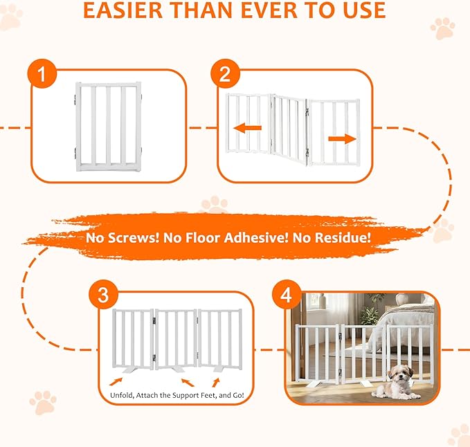 Snagle Paw Short Dog Gate,16.5" Tall Freestanding Metal Dog Gate Only for Small Dogs with Support Feet Easily Step Over,Up to 36" Wide Puppy Gate Indoor for Stairs,Doorways(White,3 Panel)