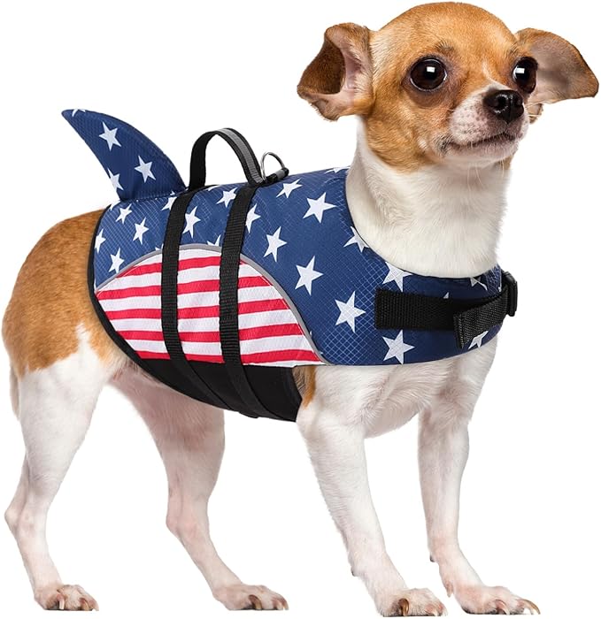 Queenmore XS Dog Life Vest for Boating, American Flag Dog Life Vest for Swimming, Lightweight Small Dog Life Jacket with Shark Fin/Rescue Handle/Leash Hook