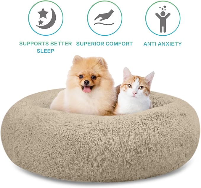 SAVFOX 23 inches Calming Donut Dog Bed - 3X Durable Plush Faux Fur, Machine Washable & Non-Slip, Fits up to 25 lbs, Beige