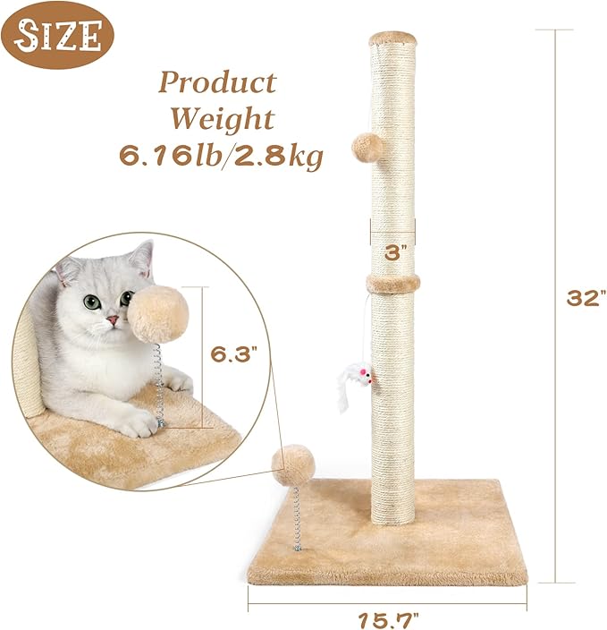 ANWA 32" Tall Sisal Cat Scratching Posts Tree for Indoor Cats Adults, Beige - Image 2