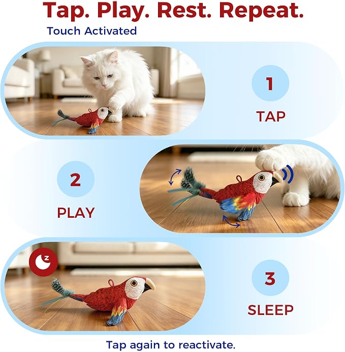 Interactive Bird Cat Toy for Indoor Cats, Flapping Wings and Moving Tail, Auto Chirping Cat Toy, Touch Activated Rechargeable Self Play Cat Kicker Toy, with 5 Bird Covers and Catnip Pouches - Image 4