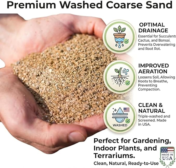 Coarse Sand for Plants – Washed Horticultural Sand for Succulents, Cactus, Bonsai, Potting Mixes & Terrariums | Natural Drainage Sand (2 Quarts, 6 lbs)