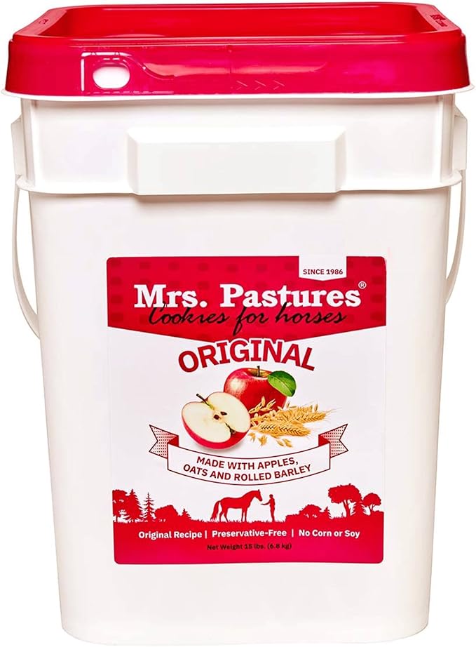 Mrs Pastures Cookies and Treats for Horses - Premium Horse Treats - Made with Apples, Oats, and Rolled Barley - Preservative Free - All Natural Ingredients - No Corn or Soy (15lb Bucket)