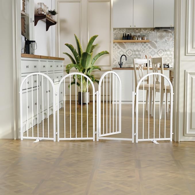 PUPETPO Full Metal Dog Gate with Door for Indoor Outdoor, 32" Tall Free Standing Pet Dog Fence, 72" Extra Wide Pet Gates for Stairs, Hallways, Doorways, Kitchen, Decks, Yards (White, 4 Panels)