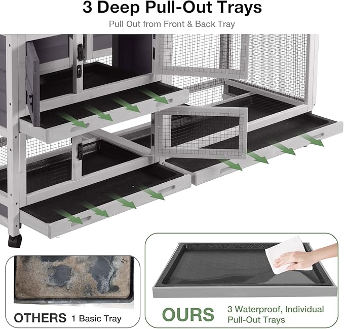 62″ 2-Story Large Rabbit Hutch, Indoor & Outdoor Bunny Cage with Chew-Proof Ramp, 3 Leakproof Pull-Out Trays, Waterproof Roof, 6 Lockable Wheels, for Rabbits & Guinea Pigs