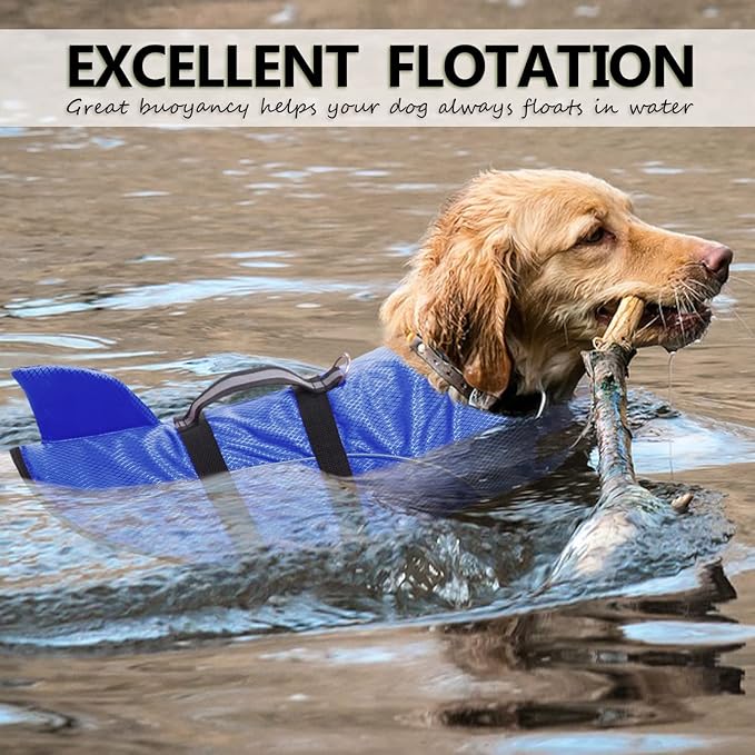 Queenmore Ripstop Dog Life Jacket Shark Life Vest for Dogs, Safety Lifesaver with High Buoyancy and Lift Handle for Small and Medium Breeds（Blue M）