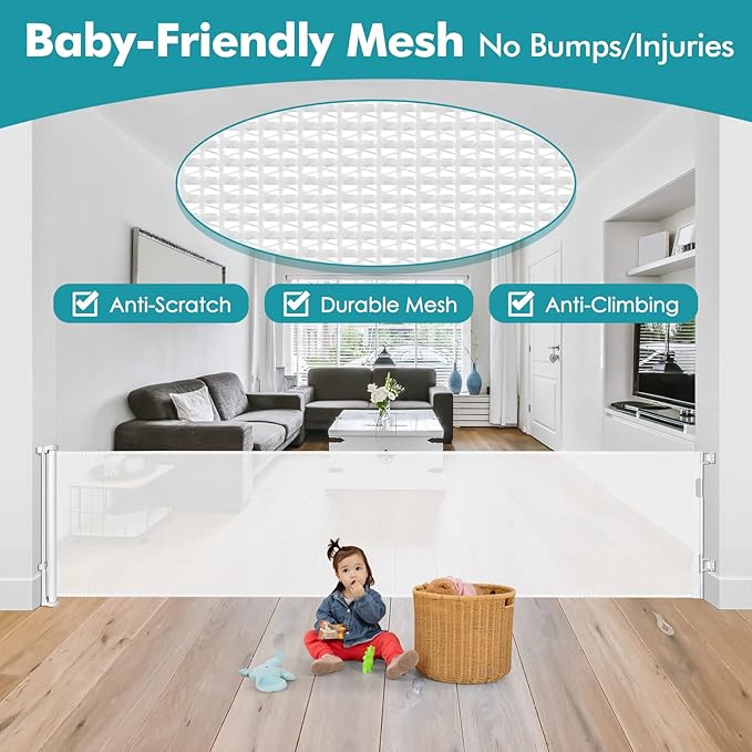 140 Inch Wide Retractable Baby Gates Retractable Dog Gate for Large Openings, Extra Wide Baby Gates for Dogs Indoor Retractable Gate Outdoor Pet Gate, Mesh Gates for Kids or Pets Dog Fence, White