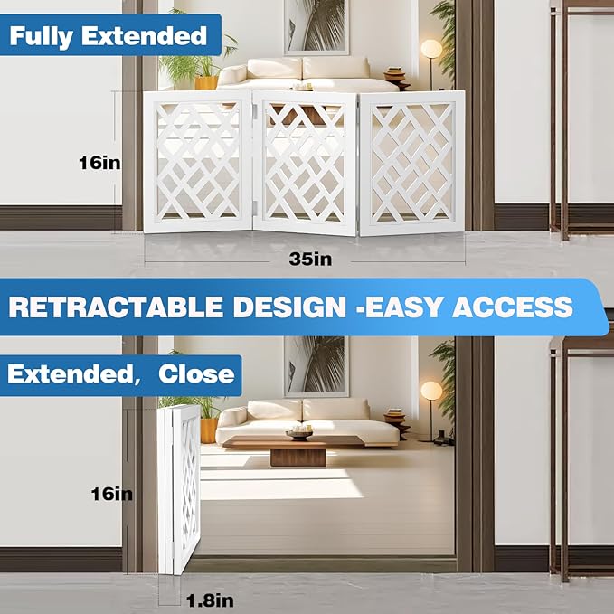 Cut-Out Design 16" Short Dog Gate for Small Dogs, Foldable Retractable Puppy Gate Indoor - Freestanding Lightweight Pet Barrier for Doorways, Stairs, Hallways (Extends to 35", White)
