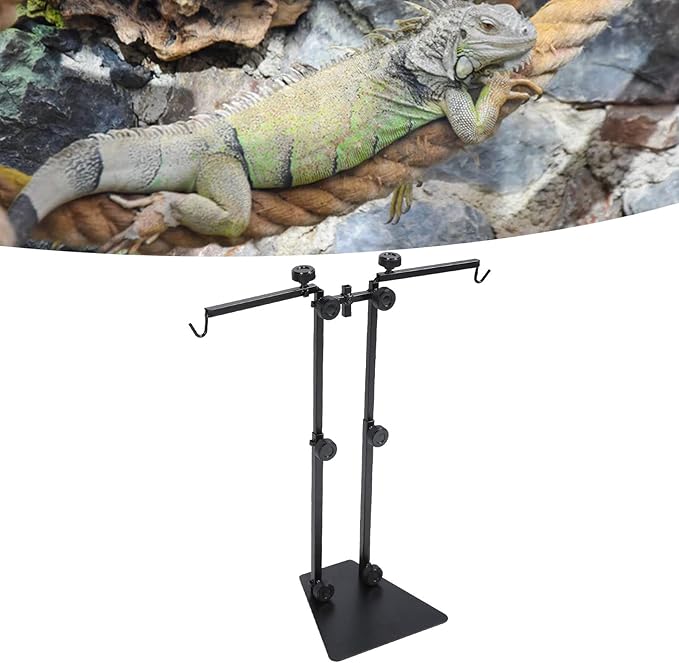 Reptile Lamp Stand, Metal Adjustable Double Hook Light Stand Reptile Lamp Fixture Base with Heavy Base for Terrarium Tank Amphibians