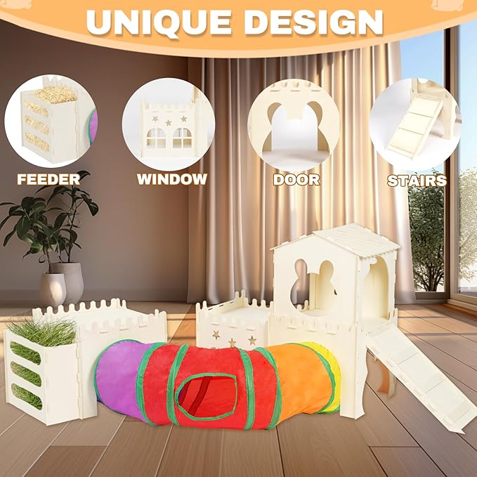 Extra Large Wooden Rabbit Hideout with Tunnels and Hay Feeder - Multistory Bunny Castle with Stairs, Climbing Tower and Sturdy Habitat for Indoor Bunnies, Guinea Pigs, Chinchillas Small Animal