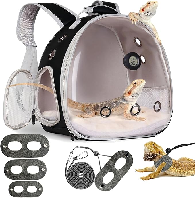 Bearded Dragon Travel Backpack Carrier with Reptile Thermometer and Humidity Gauge Lizard Travel Cage Space Capsule Clear Bubble Window Astronaut Reptile Bag for Ball Python (Black, Backpack+PG LSH)
